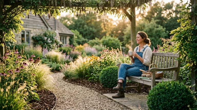 A woman in denim overalls sits on a wooden bench drinking coffee in a blooming cottage garden beside a gravel path.