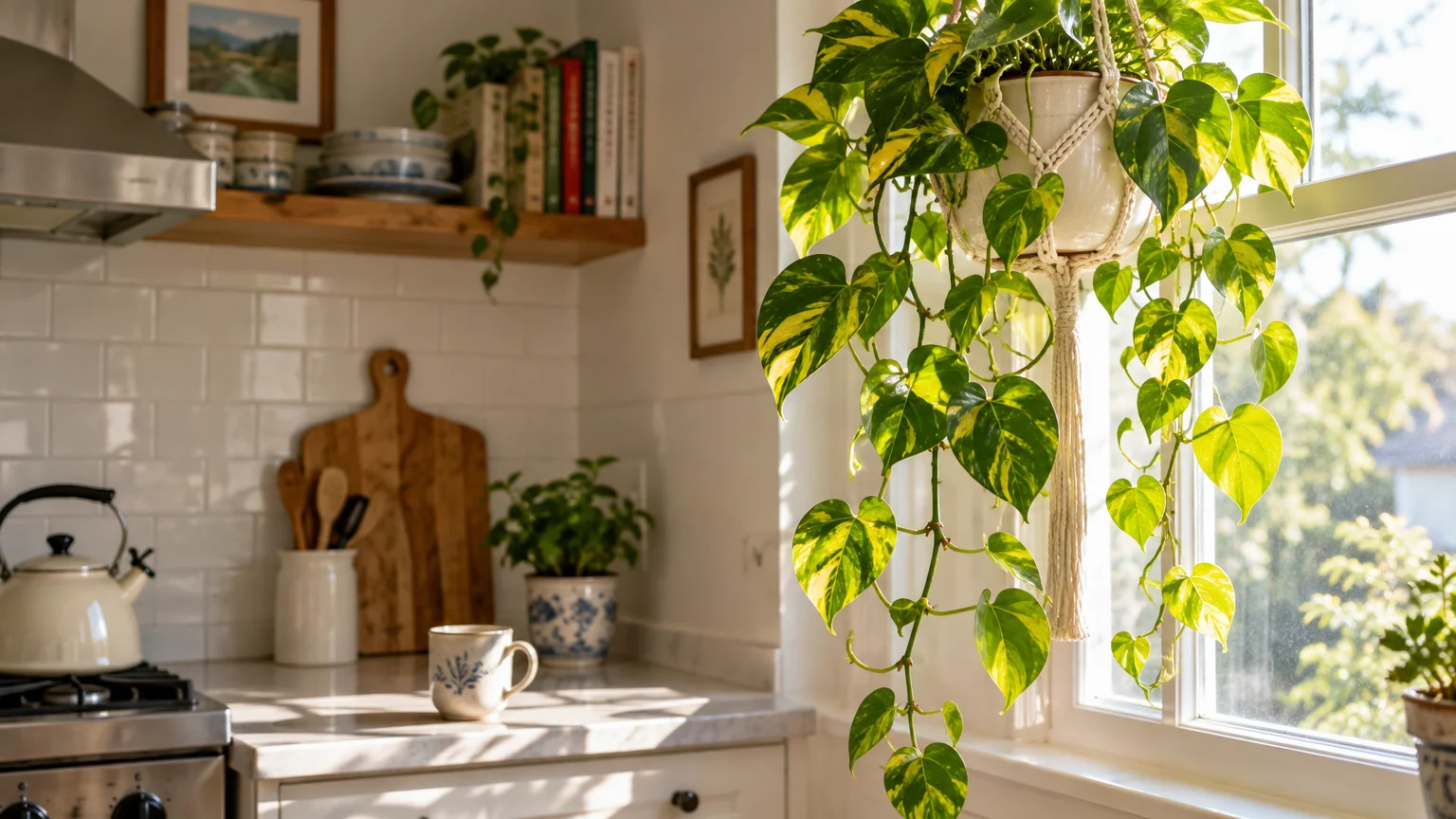 Variegated pothos plant in a macrame hanger suspended near a sunlit kitchen window above a marble counter.