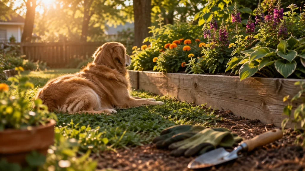Golden retriever resting on the grass next to a raised wooden garden bed with blooming flowers.