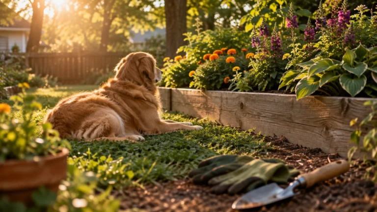 Golden retriever resting on the grass next to a raised wooden garden bed with blooming flowers.