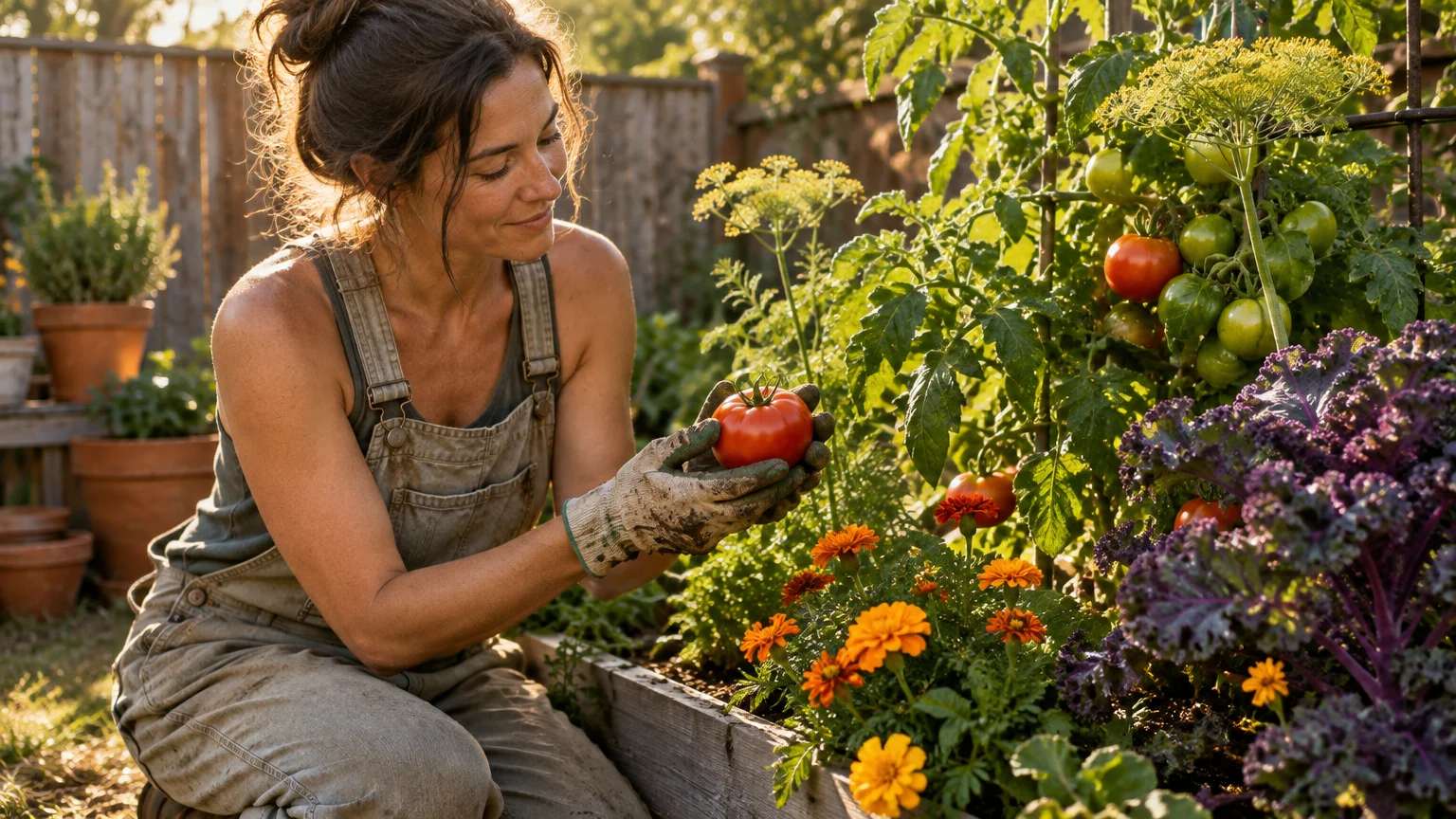 A woman in overalls kneels by a raised garden bed holding a ripe red tomato beside marigolds and kale.