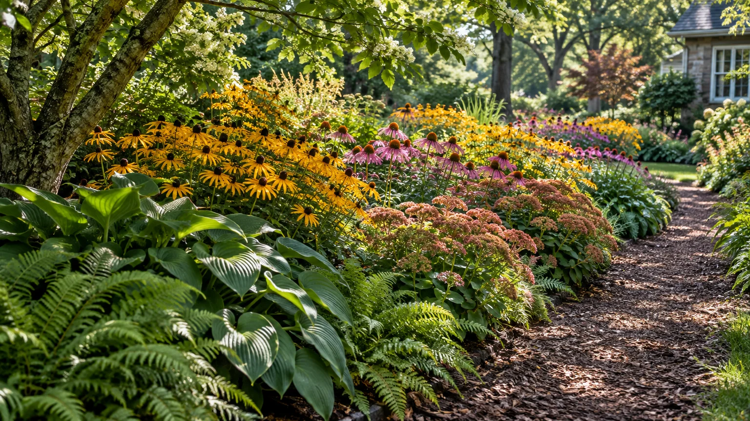 Lush flower border packed with yellow coneflowers, pink echinacea, sedum, hostas, and ferns alongside a wood-chip path.