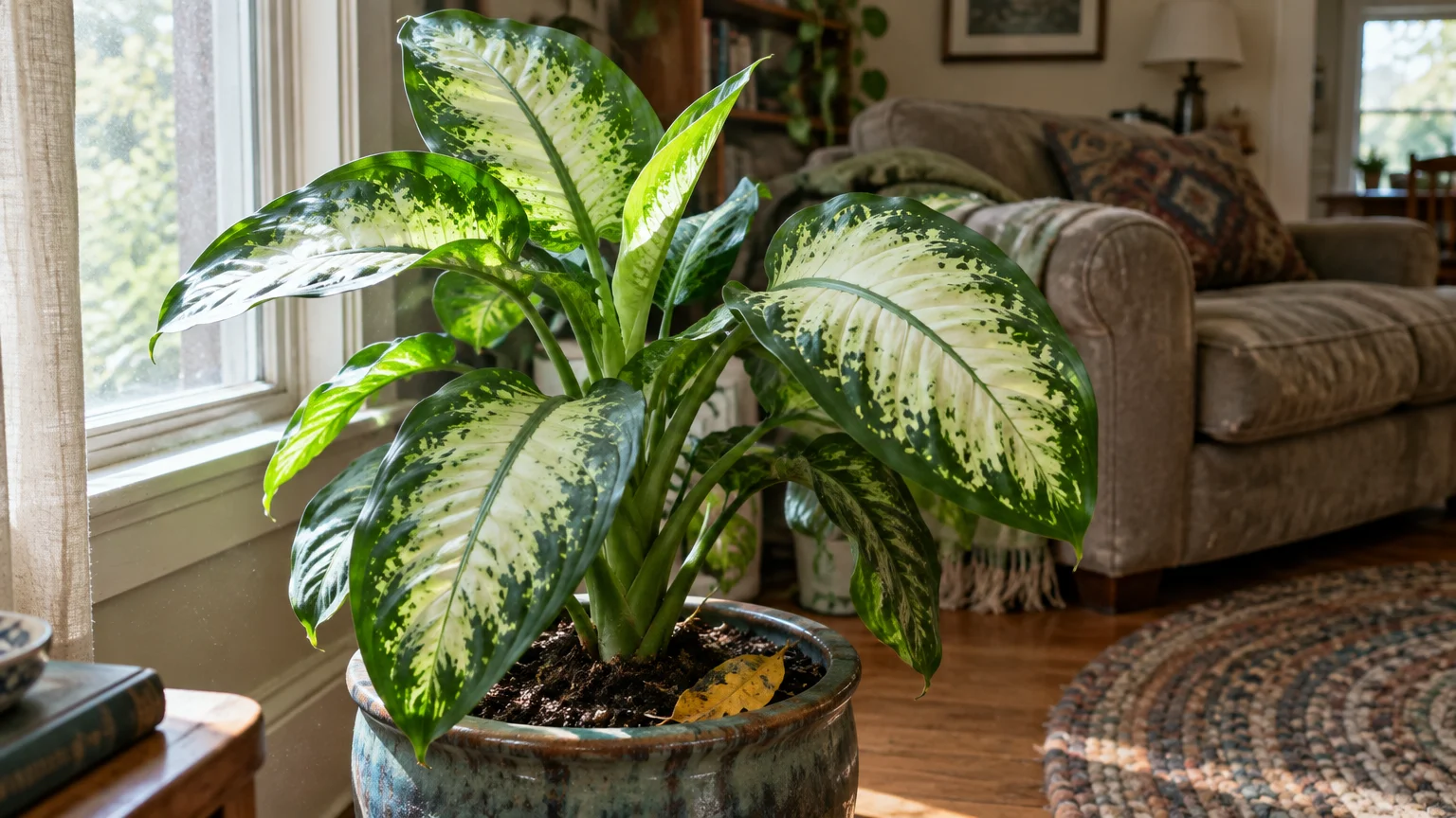 Potted dieffenbachia plant with broad, variegated green and cream leaves sitting by a bright living room window.