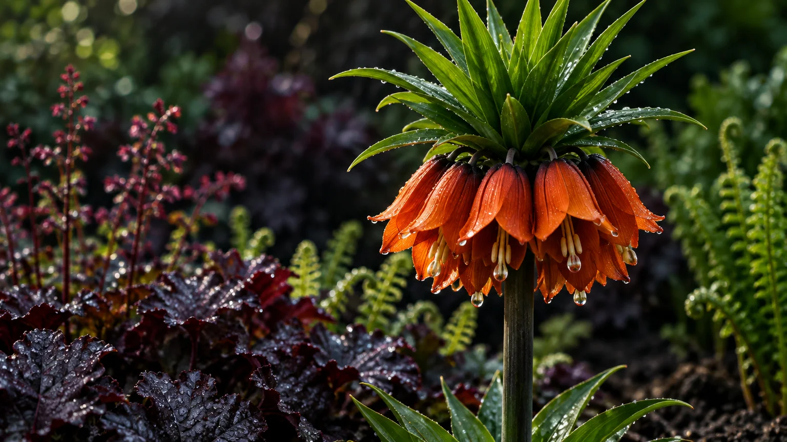 An orange crown imperial flower with downward-facing bells and a spiky green crest stands dripping with water droplets.