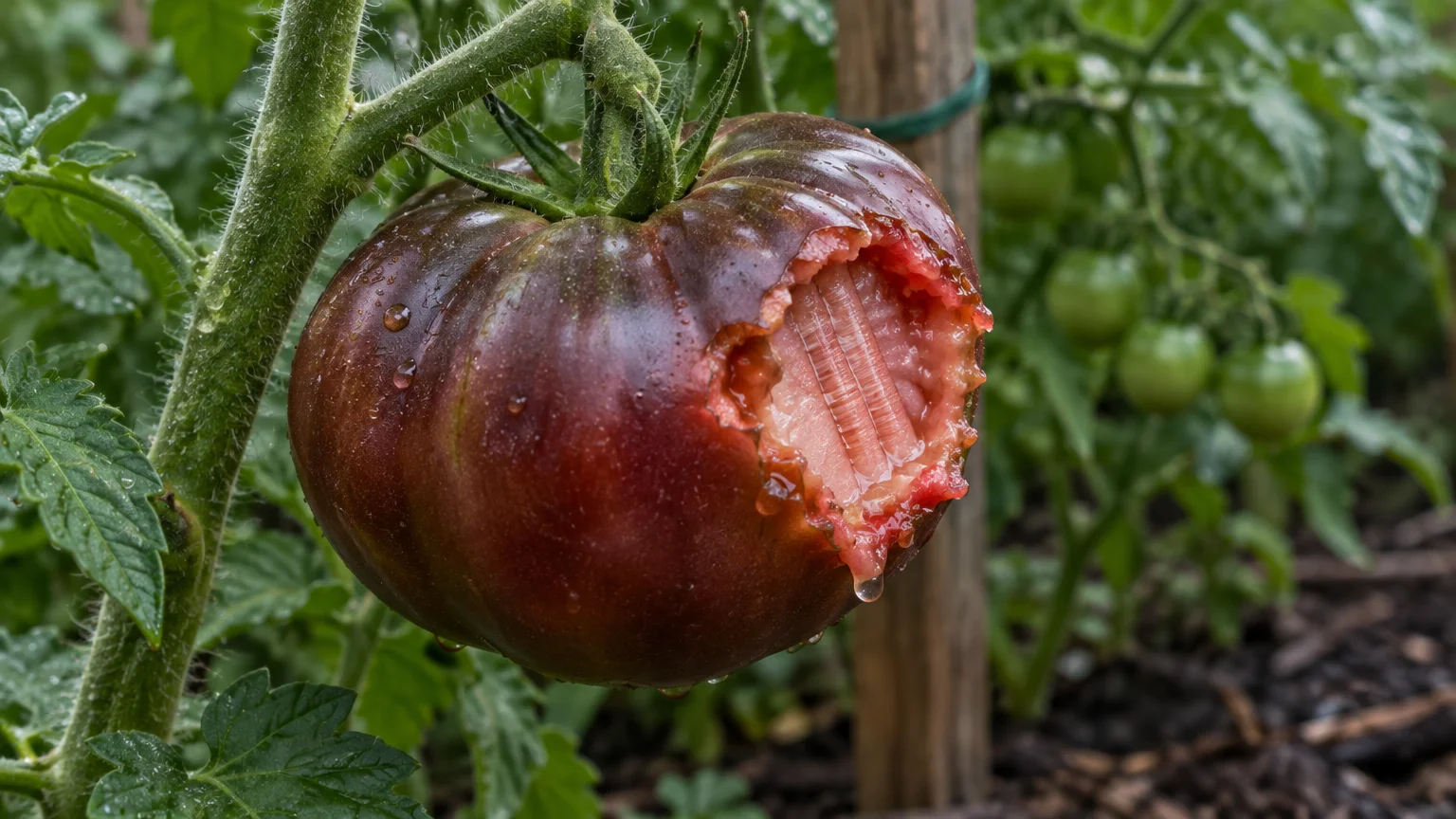 A dark reddish-purple heirloom tomato hanging on a vine with a large bite taken out of its side.