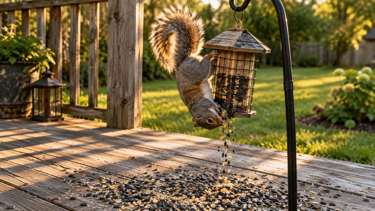 A squirrel hangs upside down from a wooden bird feeder, spilling seeds onto a wooden deck.