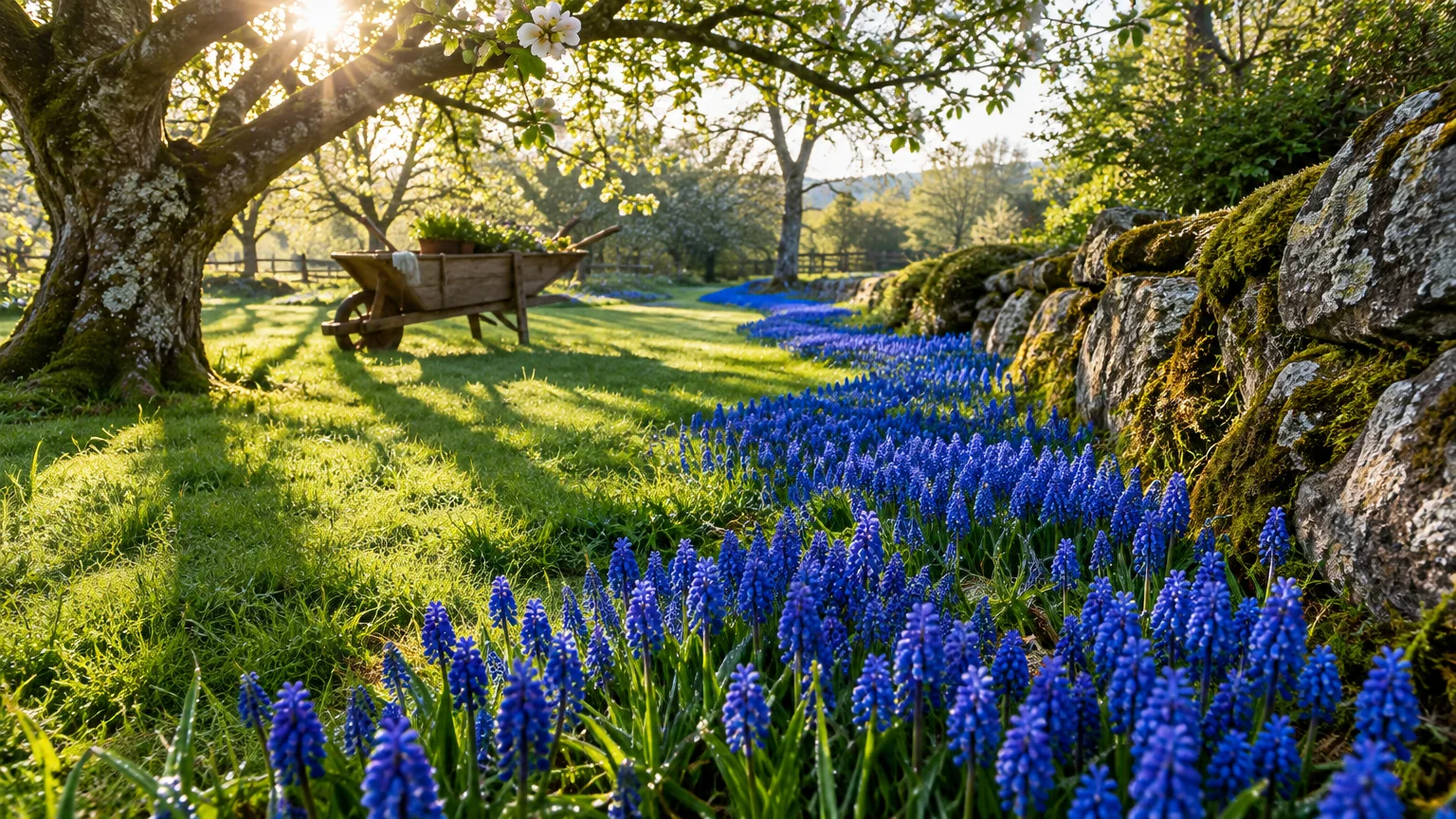 Curving path of blue grape hyacinths flowering beside a mossy stone wall, grassy lawn, and wooden wheelbarrow under trees.