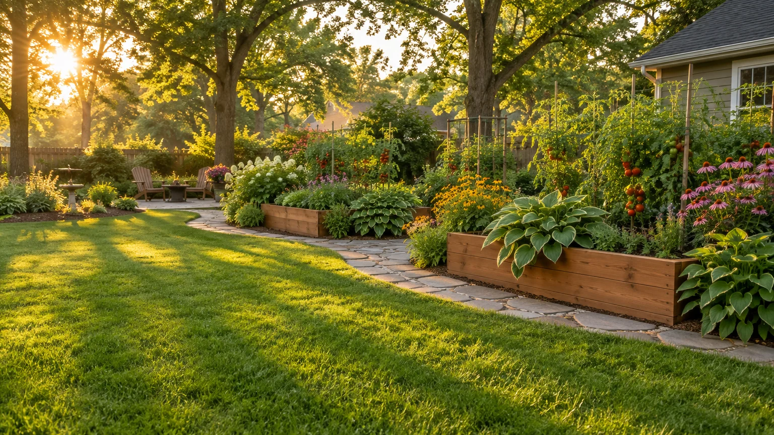 Sunlight over a lush backyard with a stone walkway, green lawn, and raised garden beds of tomatoes and flowers.