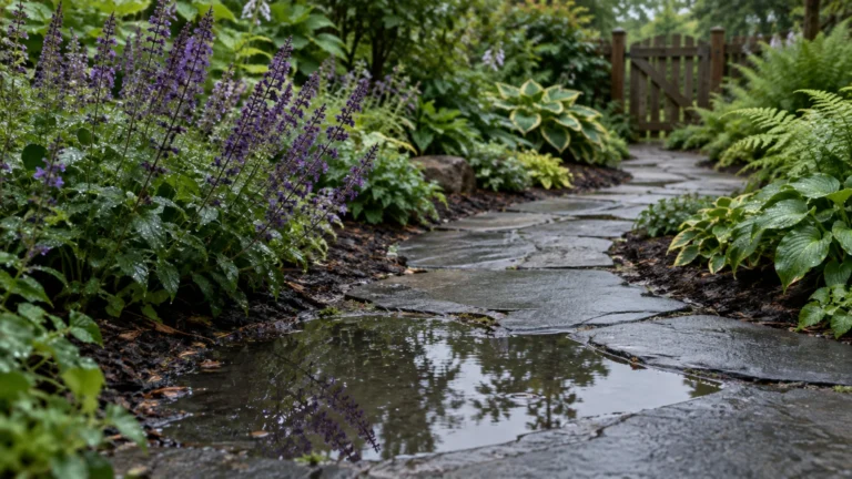 A large puddle of standing water covers flat stone pavers along a garden path bordered by purple flowers and foliage.