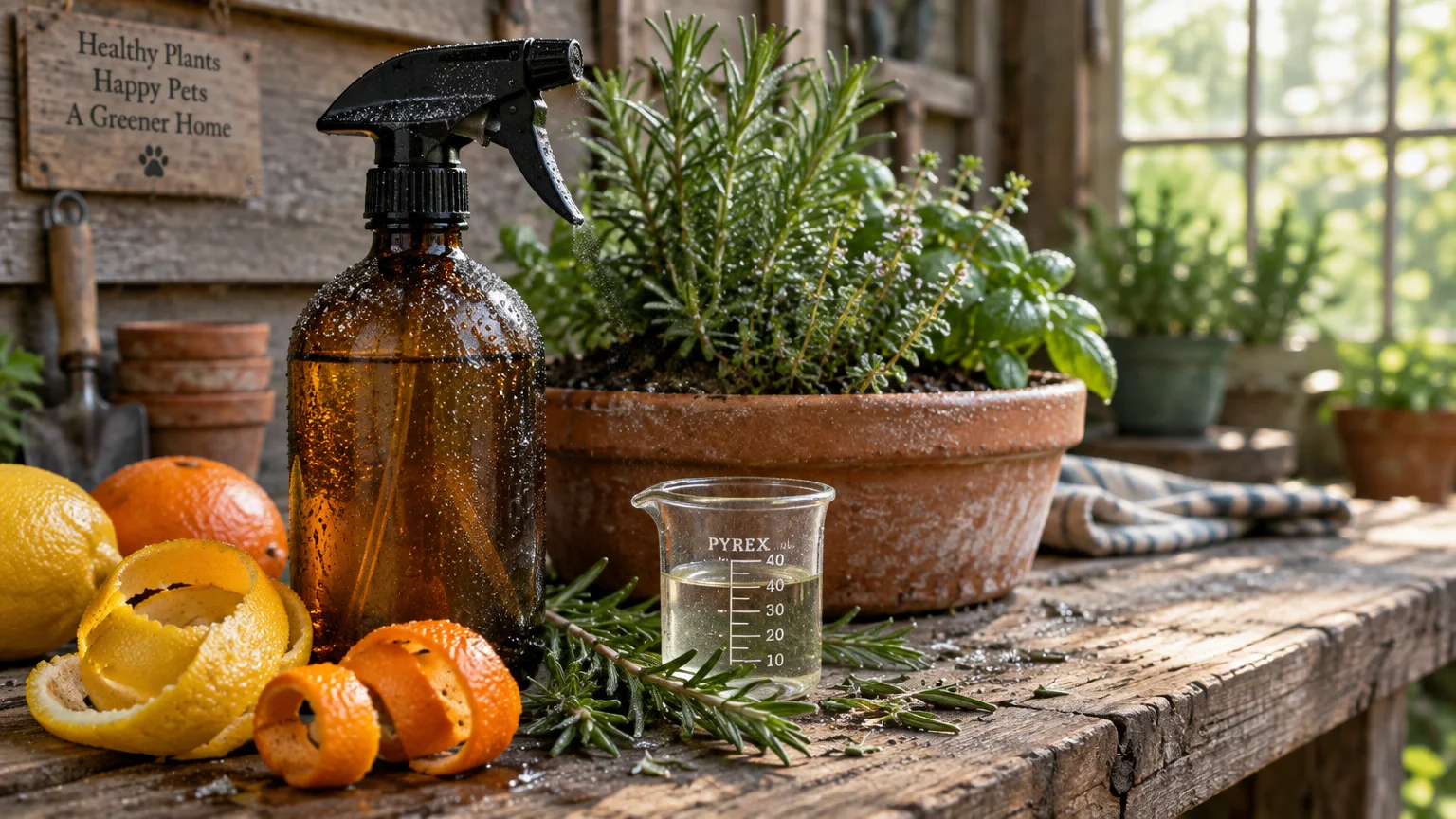 Amber spray bottle, citrus peels, beaker, and potted herbs arranged on a rustic wooden potting bench.