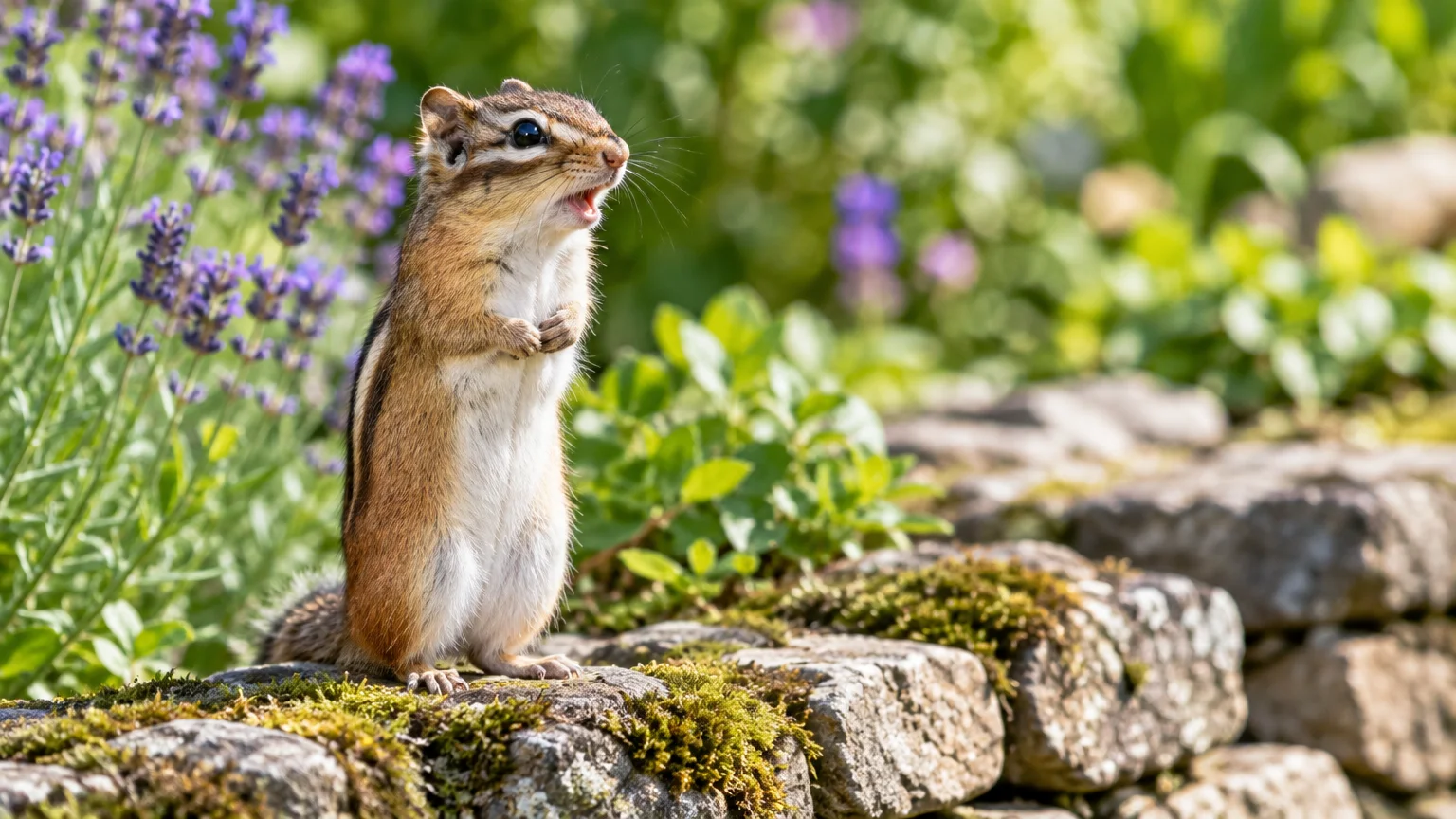 A chipmunk stands upright on its hind legs on a mossy stone wall, mouth open, beside purple lavender blooms.