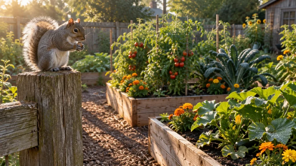 A squirrel sits on a wooden fence post eating a nut, overlooking raised garden beds filled with vegetables and flowers.