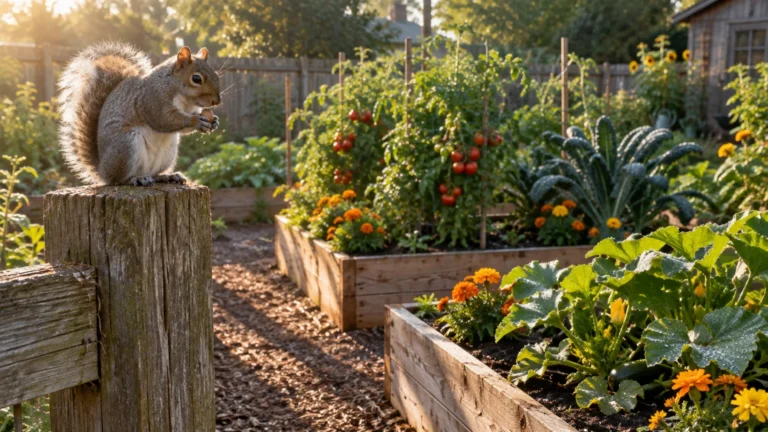 A squirrel sits on a wooden fence post eating a nut, overlooking raised garden beds filled with vegetables and flowers.