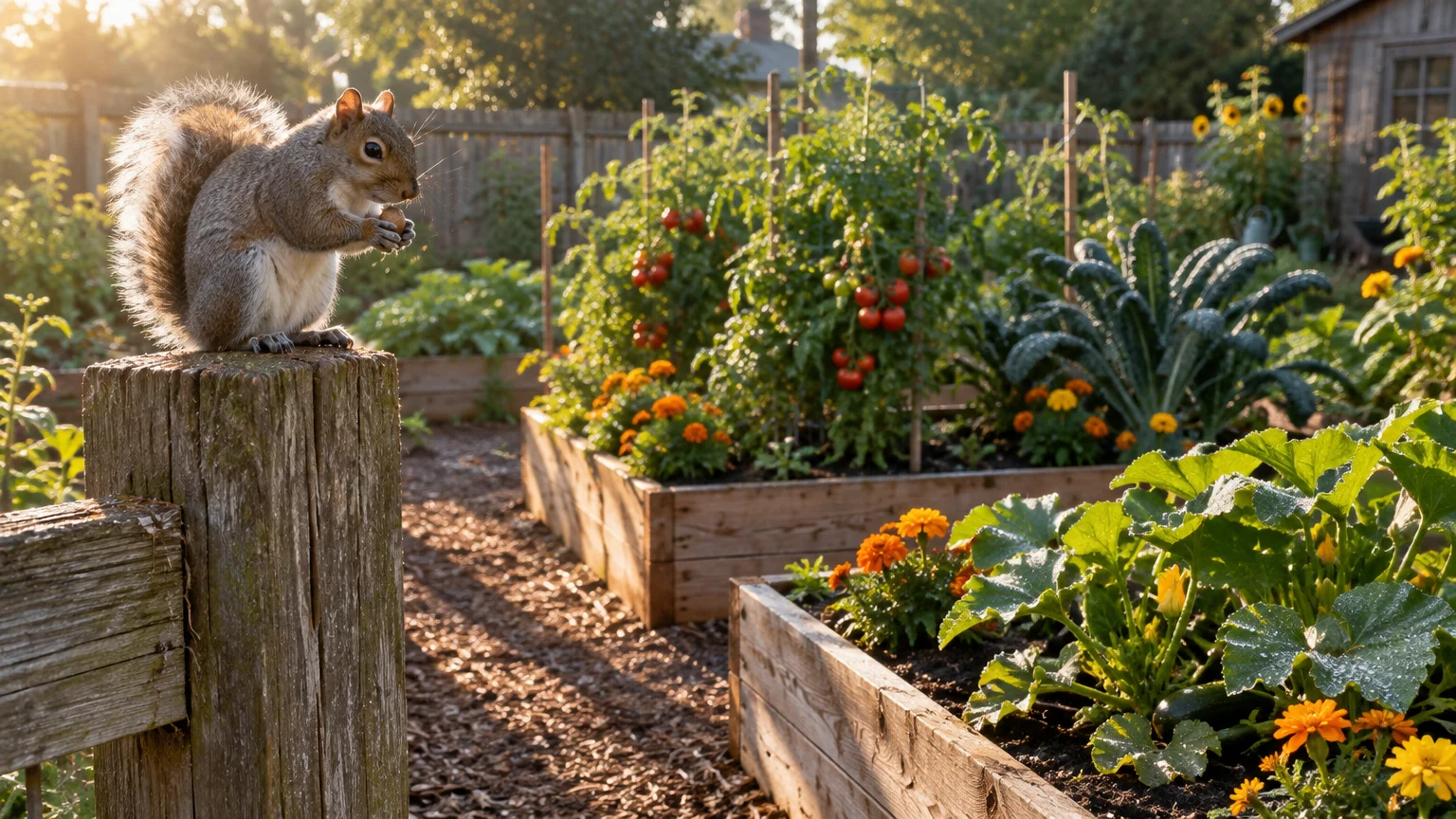 A squirrel sits on a wooden fence post eating a nut, overlooking raised garden beds filled with vegetables and flowers.