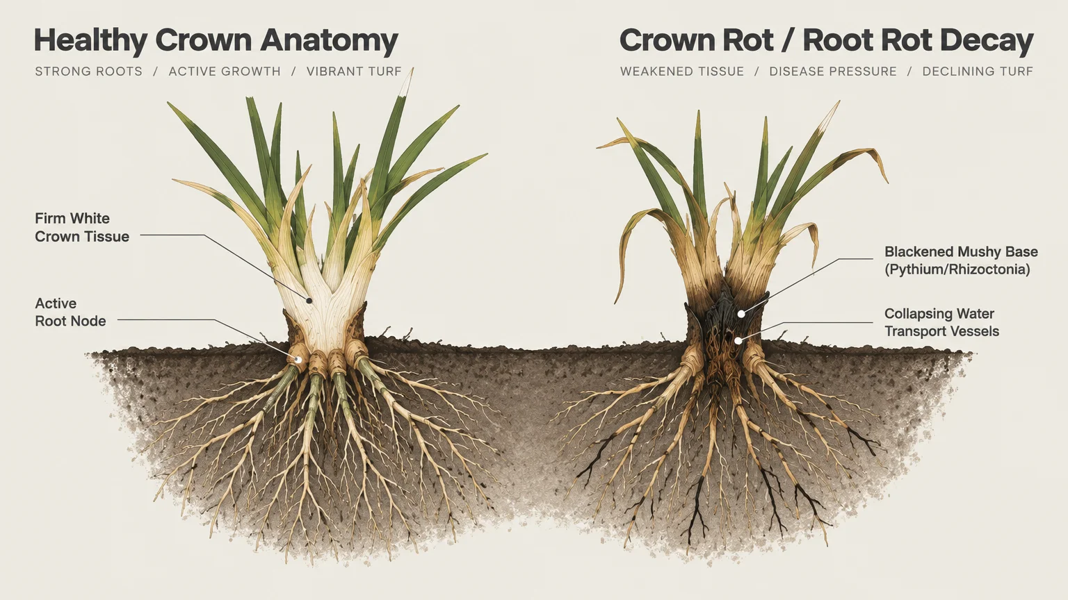 Diagram comparing healthy grass crown anatomy with root rot decay showing a blackened, mushy crown base.