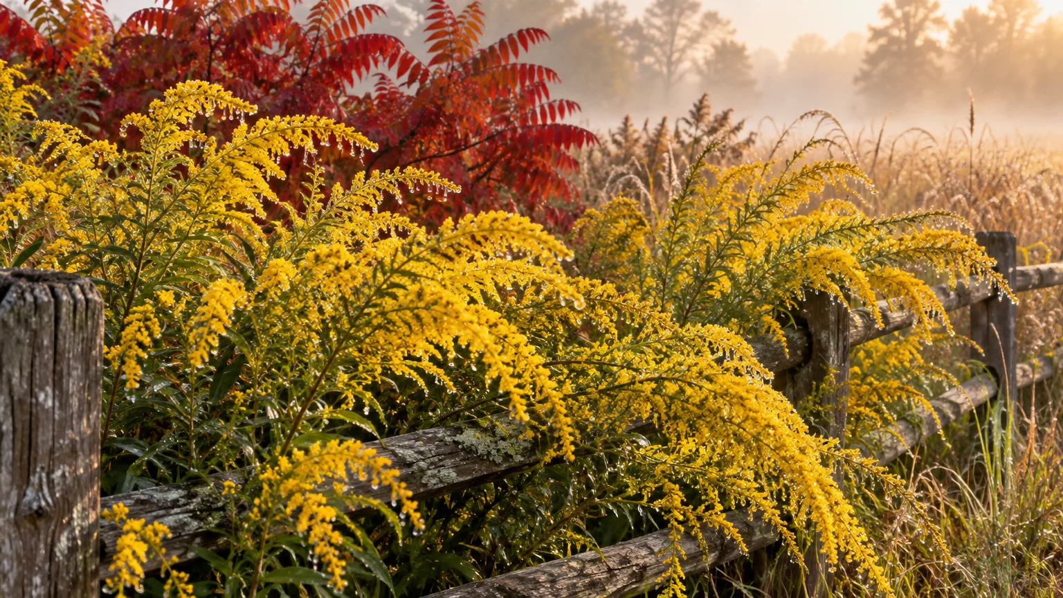Blooming yellow goldenrod draped over a wooden split-rail fence alongside red foliage in a misty field.