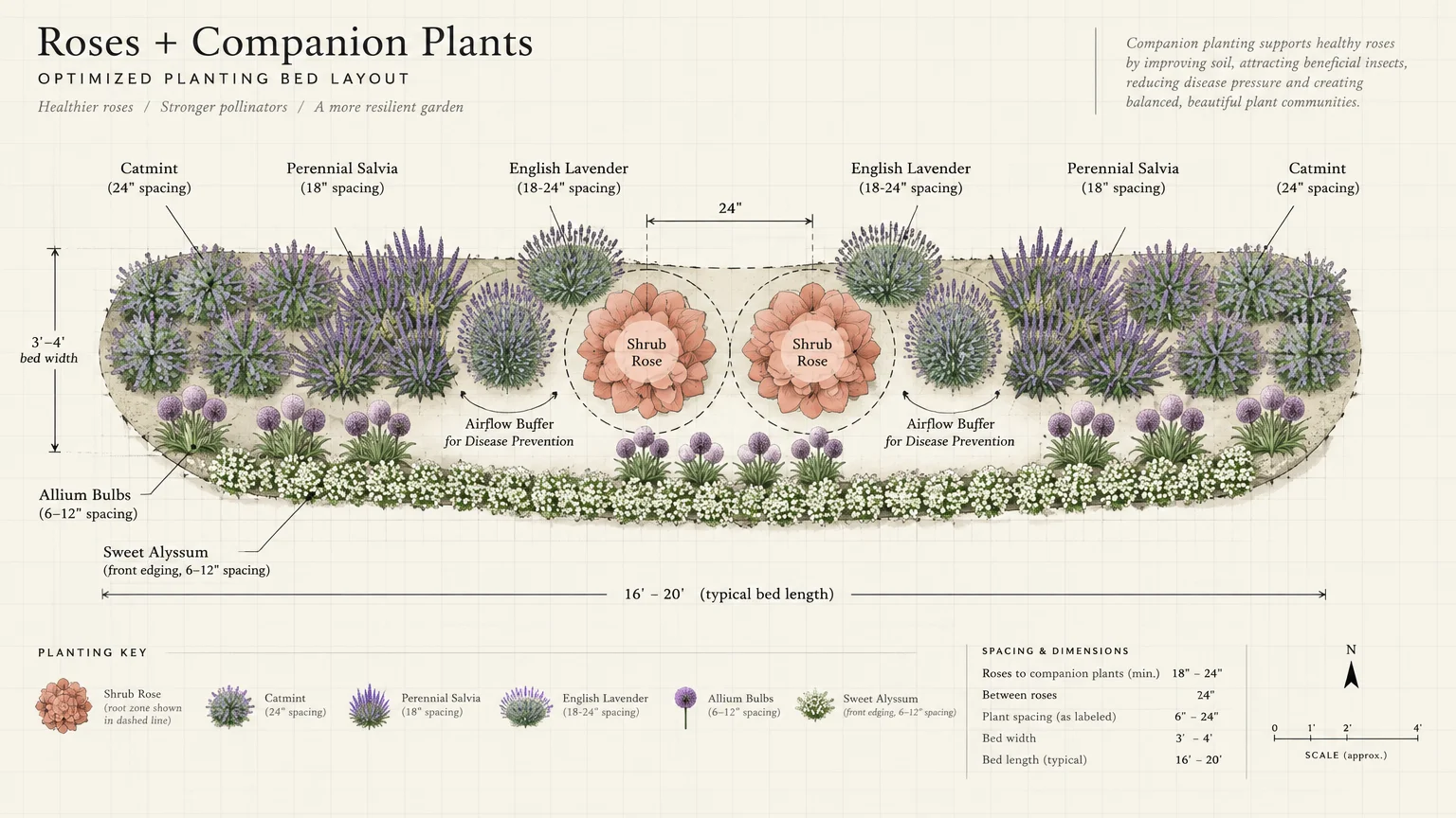 Garden bed diagram mapping companion plant spacing around shrub roses with dimensions, labels, and an airflow buffer zone.