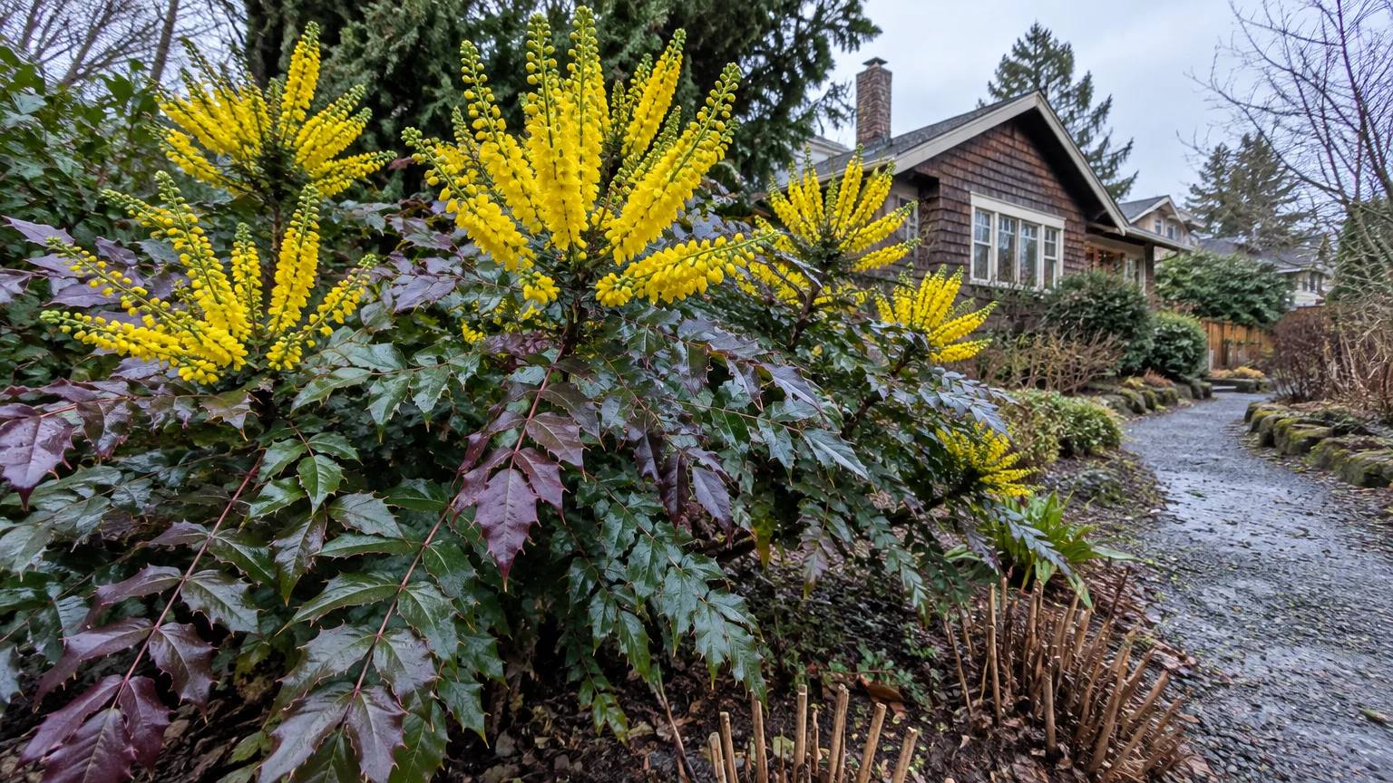 Blooming mahonia shrub with bright yellow flower sprays and spiny green and purple foliage along a stone path by a house.