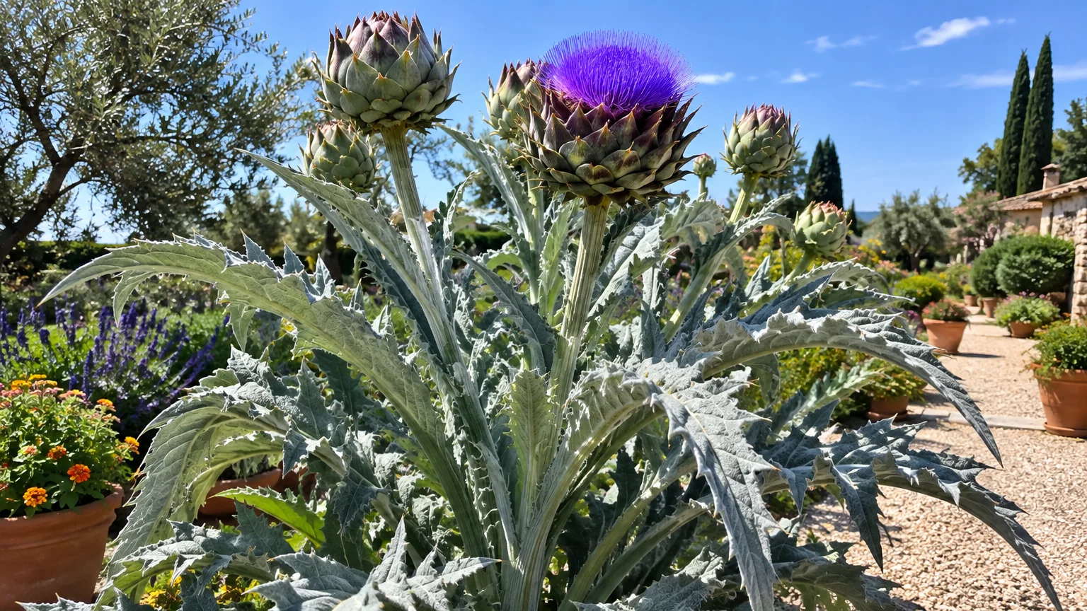 Blooming cardoon plant with spiky silver leaves and large artichoke-like flower heads topped with vibrant purple bristles.
