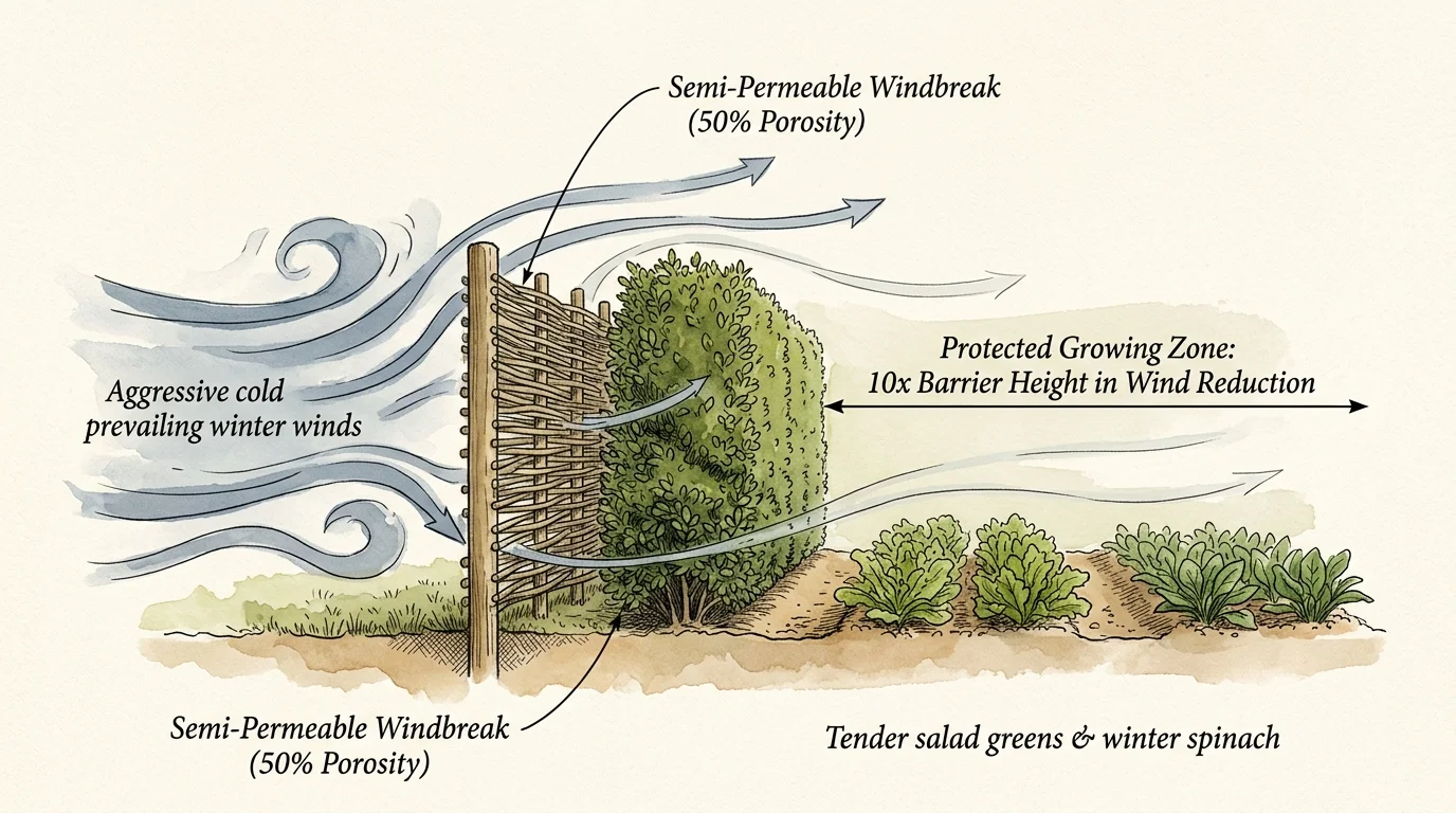 Diagram showing wind passing over and through a semi-permeable wattle fence and hedge to shelter garden greens.