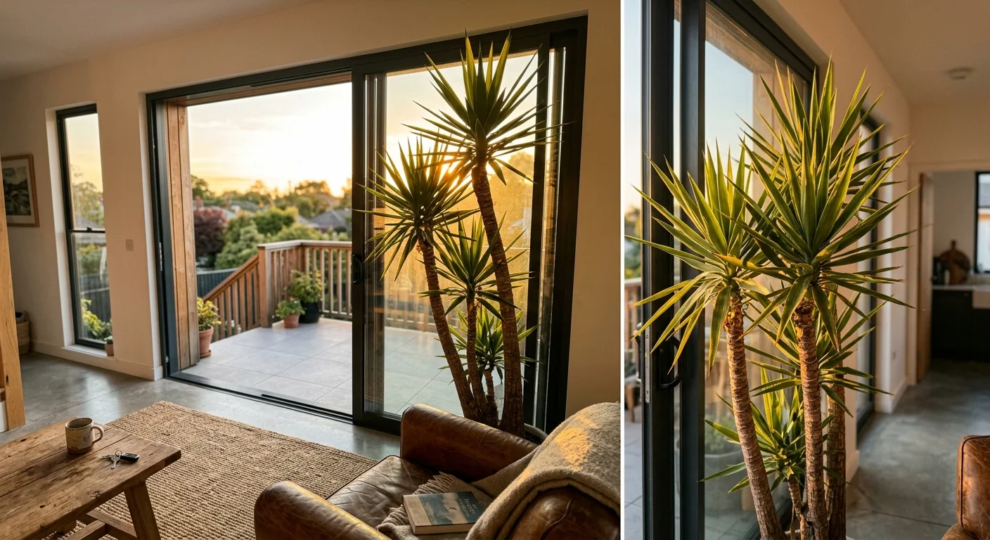 Potted yucca cane standing indoors beside large sliding glass patio doors bathed in warm sunlight.