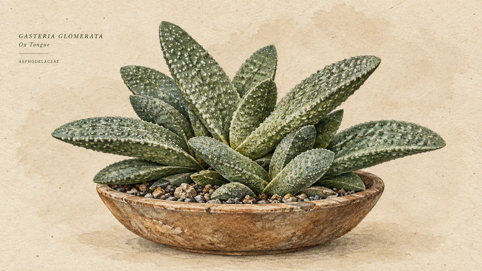 Botanical watercolor of an ox tongue succulent with textured, speckled green leaves in a shallow stone bowl.