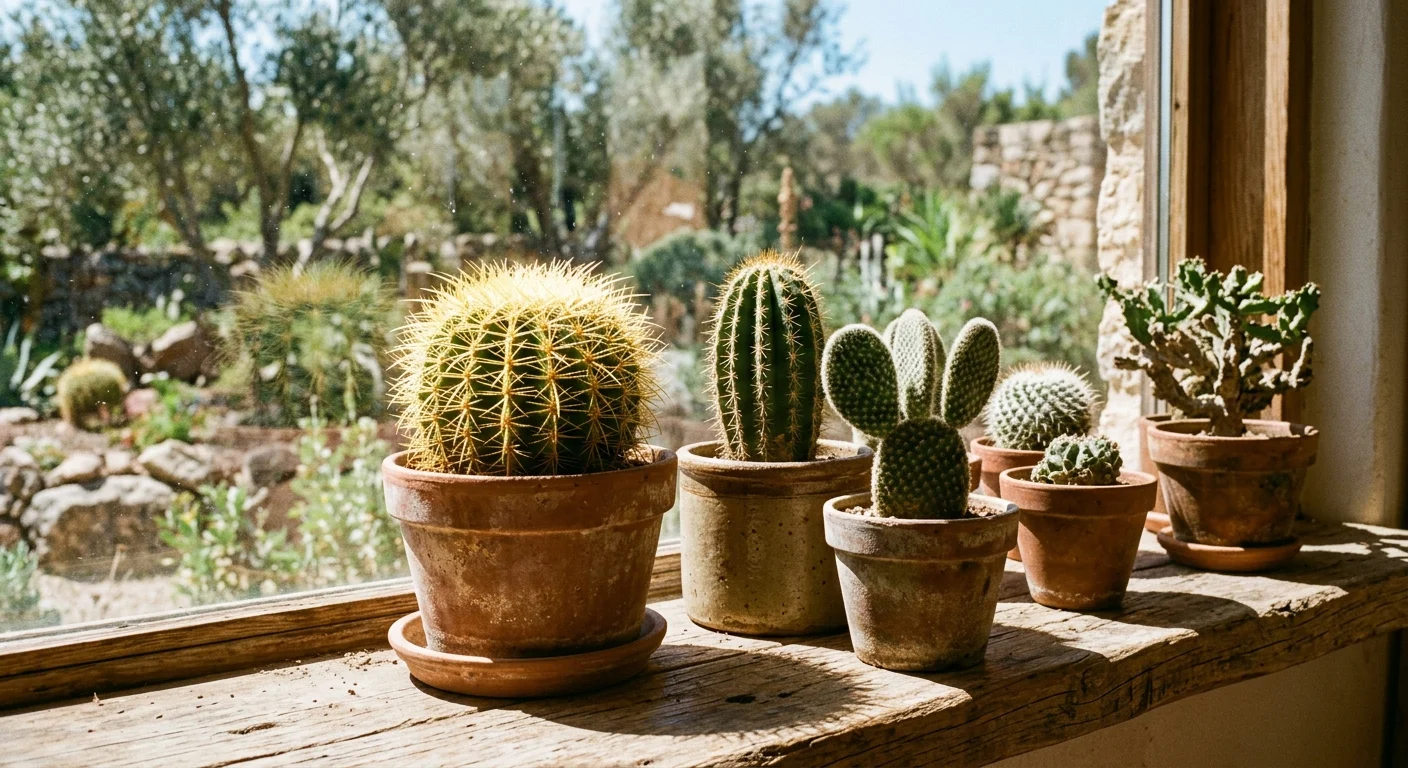 Various small potted cacti and succulents sitting along a sunny wooden windowsill overlooking a garden.