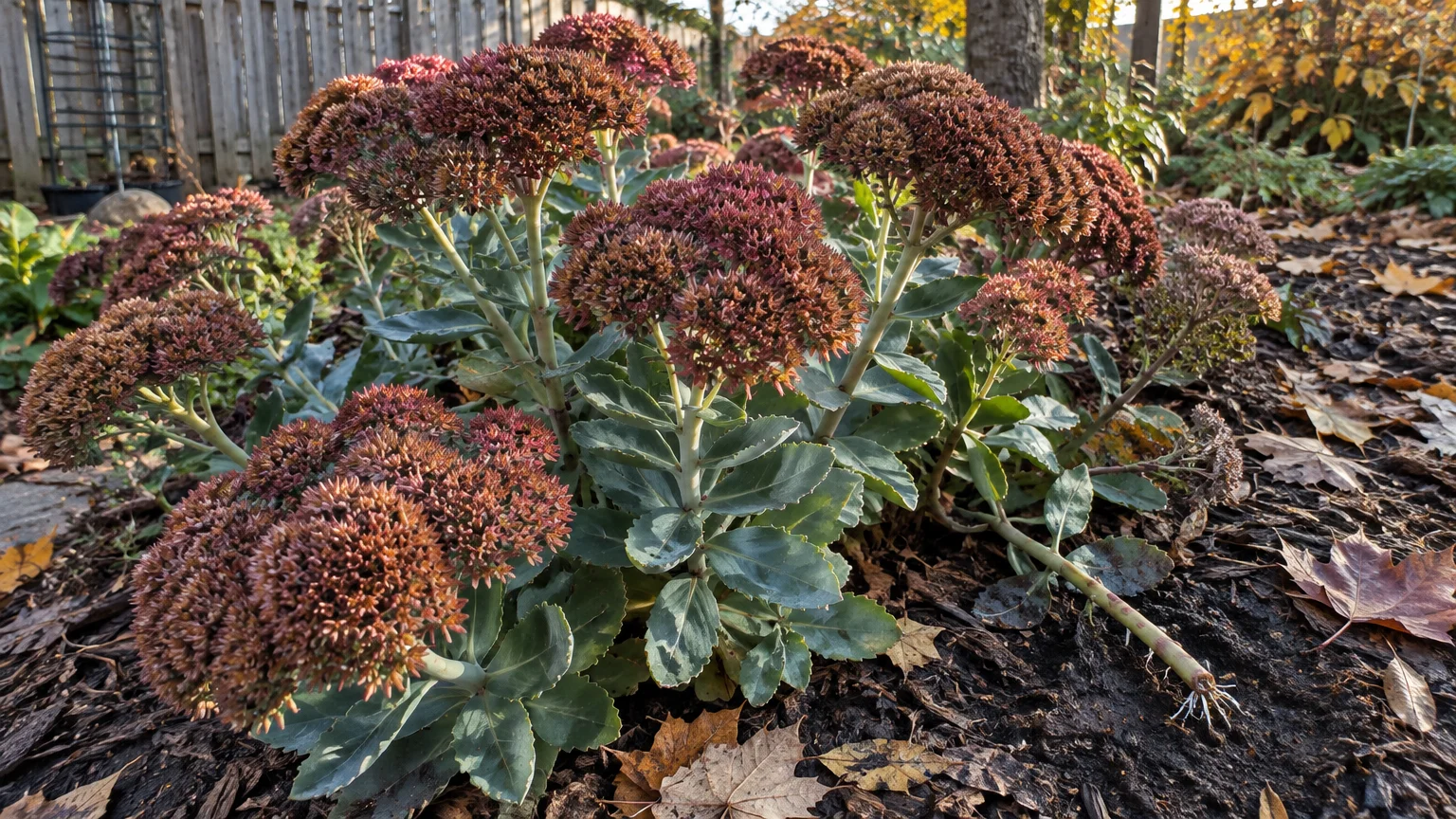 Autumn Joy sedum plant with bronze flower clusters, thick succulent leaves, and a fallen stem sprouting tiny roots on mulch.
