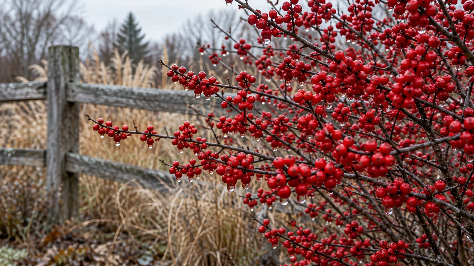Raindrops hang from dense clusters of bright red berries on bare branches in front of a weathered wooden fence.