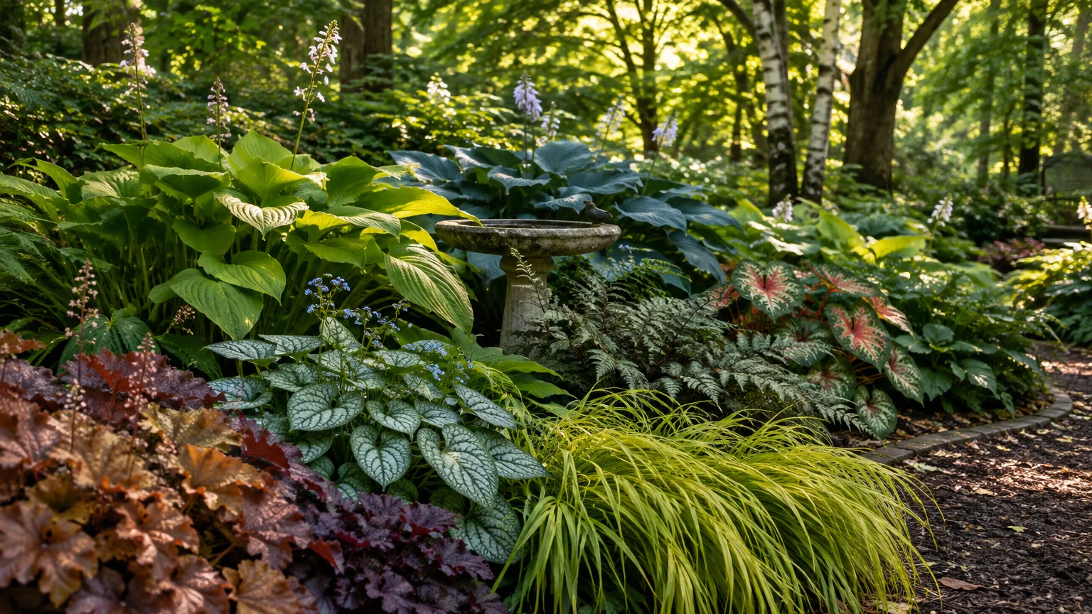 Stone birdbath surrounded by hostas, ferns, colorful heuchera, and ornamental grasses along a mulched garden path.