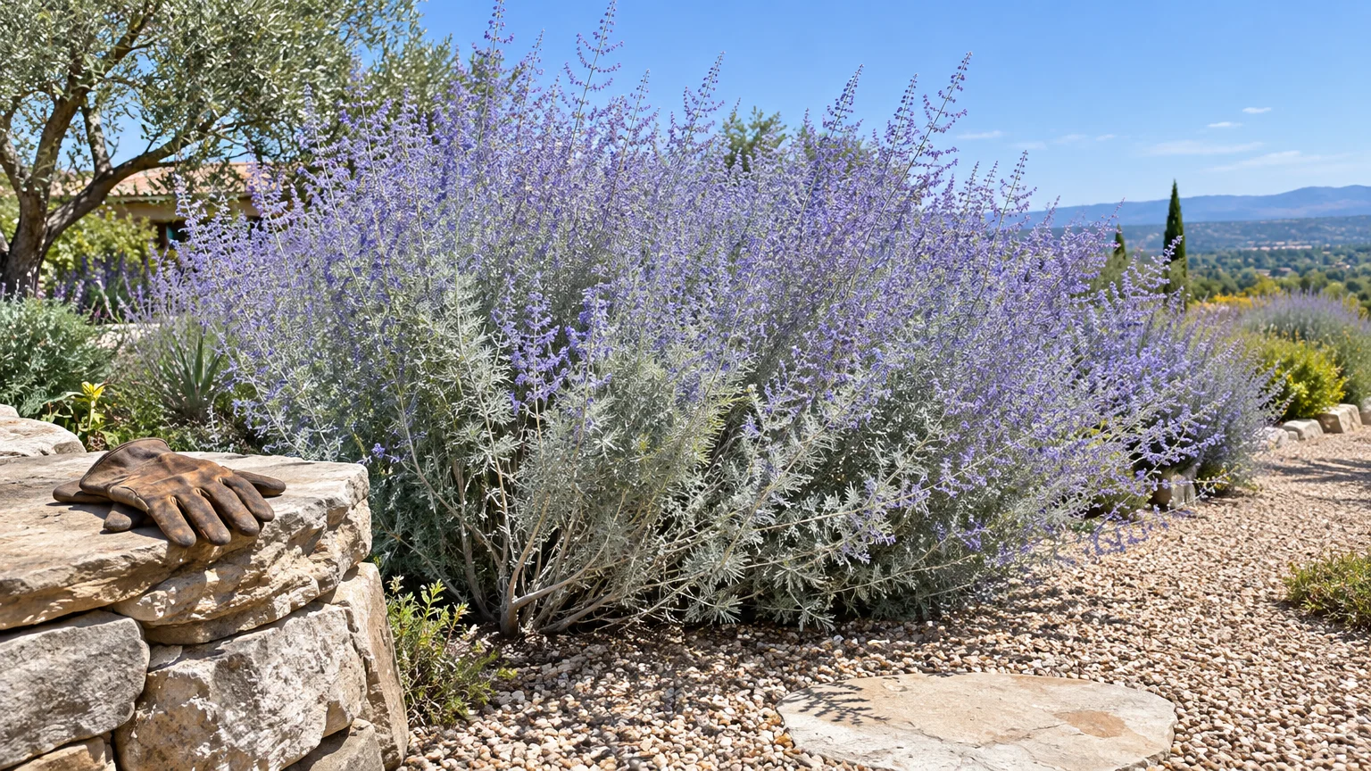 Large Russian sage bush with purple blooms beside a stone retaining wall topped with leather work gloves.