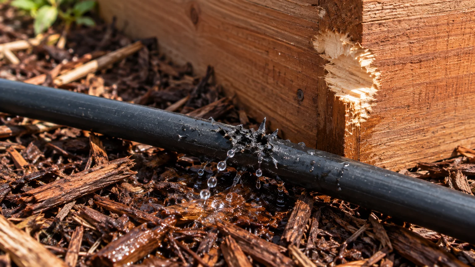 Water leaking from a chewed black drip irrigation pipe next to a gnawed wooden garden bed corner.