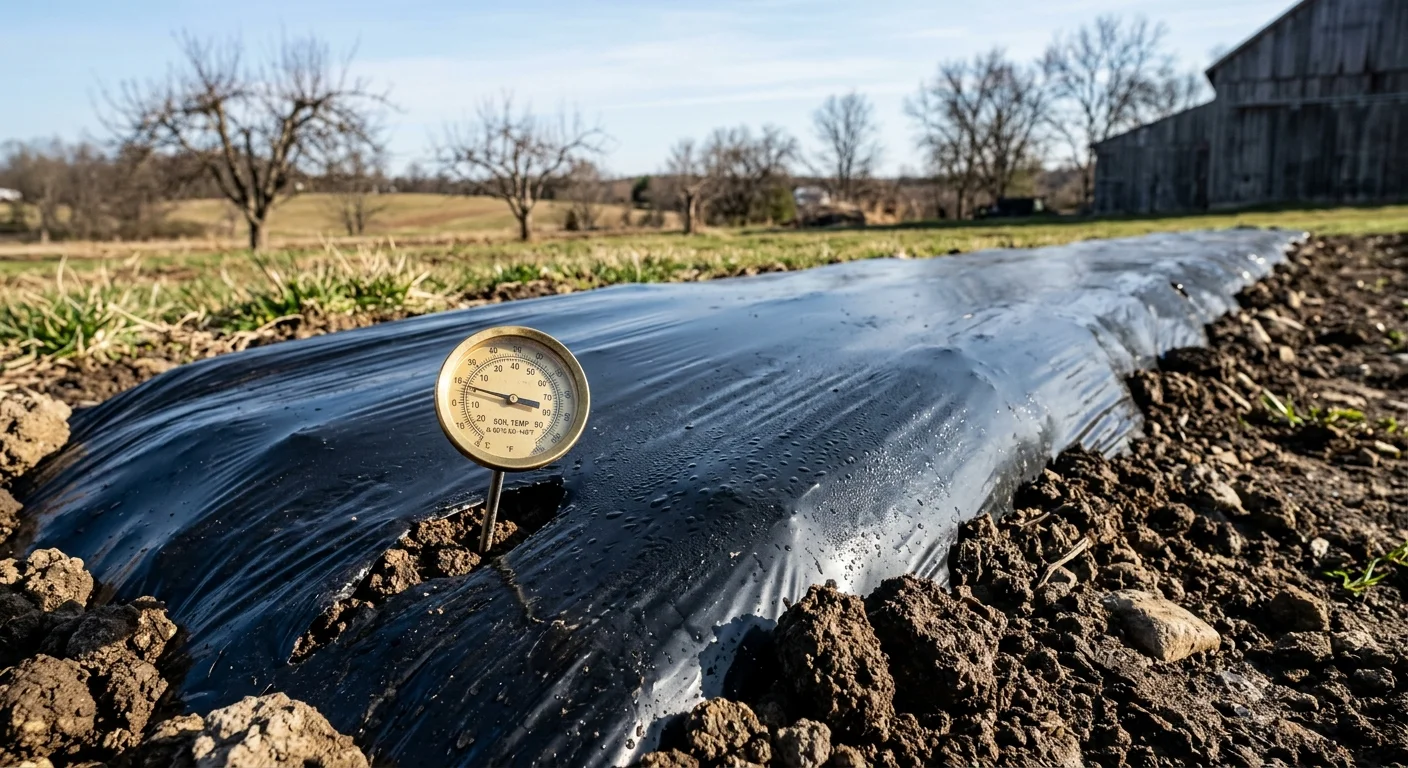 A dial soil thermometer stuck into a garden bed covered with black plastic mulch in a field.