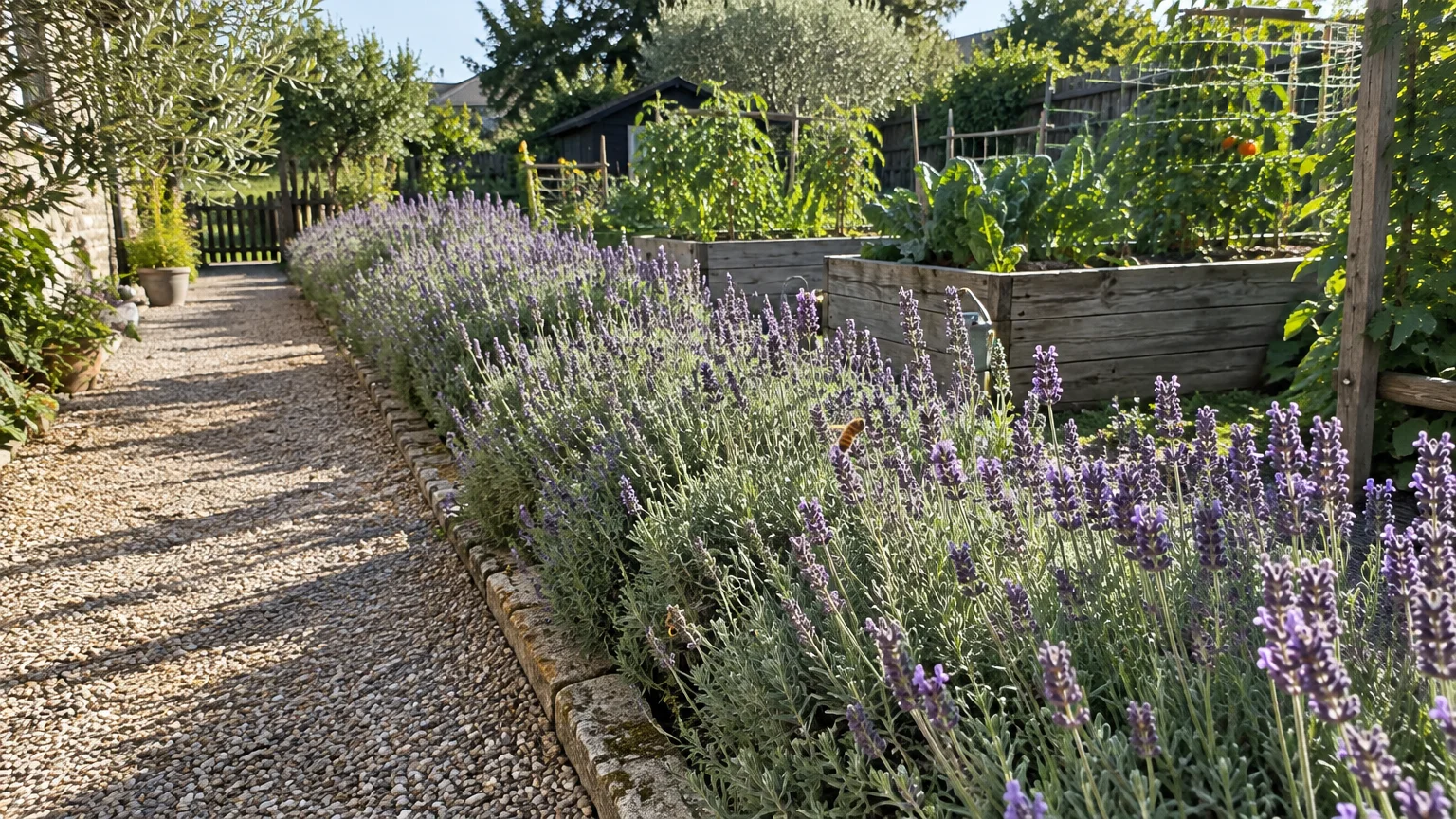 Blooming purple lavender border along a gravel pathway next to wooden raised garden beds on a sunny day.