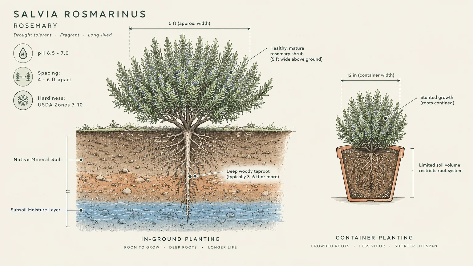 Diagram comparing deep taproots of in-ground rosemary against restricted, crowded roots inside a 12-inch container.