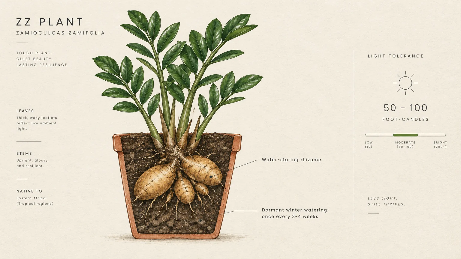 Botanical diagram of a potted ZZ plant with exposed underground rhizomes, leaves, and light tolerance metrics.