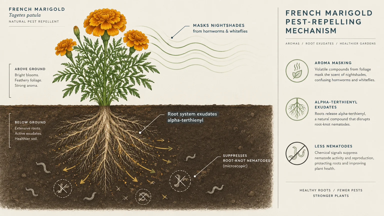 Diagram of a French marigold showing how its roots release alpha-terthienyl to suppress soil nematodes.