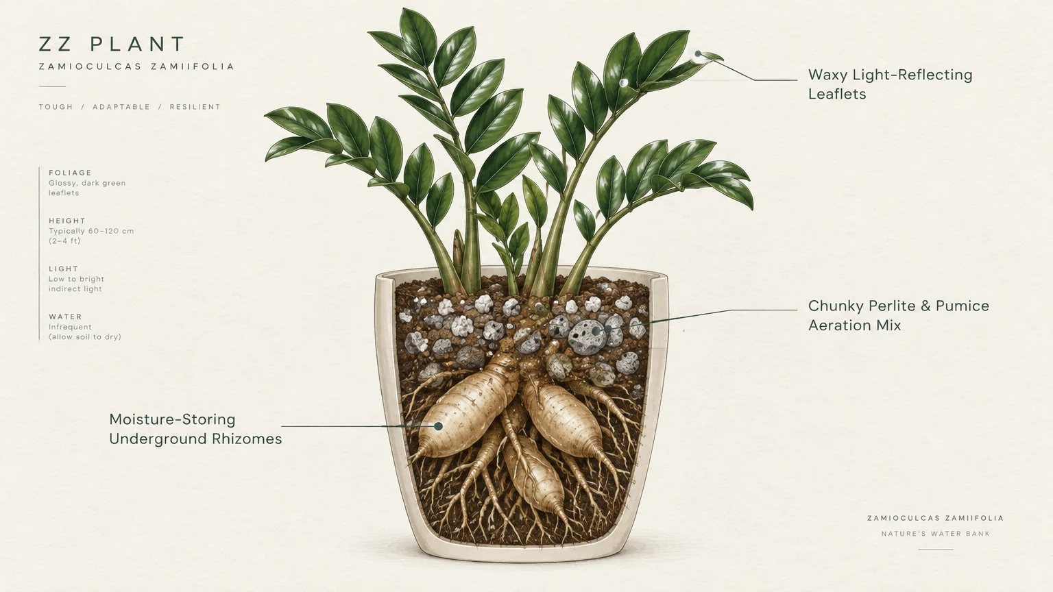Botanical diagram of a potted ZZ plant with a cutaway showing soil, perlite, roots, and bulbous underground rhizomes.