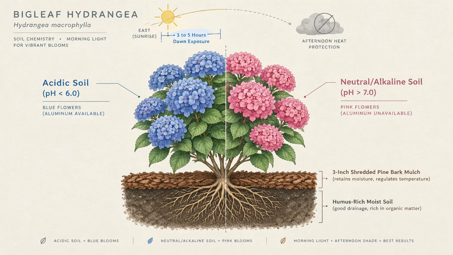 Diagram of a bigleaf hydrangea showing blue flowers in acidic soil on the left and pink flowers in alkaline soil on the right.