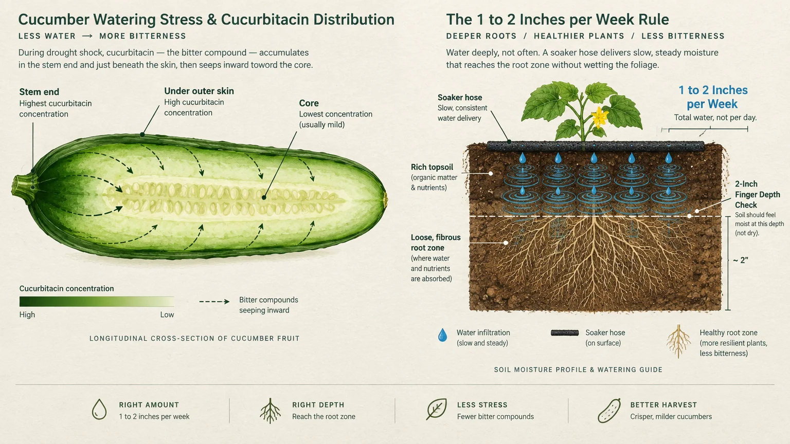 Diagram showing cucumber cross-section with cucurbitacin distribution alongside soil moisture profile under a soaker hose.