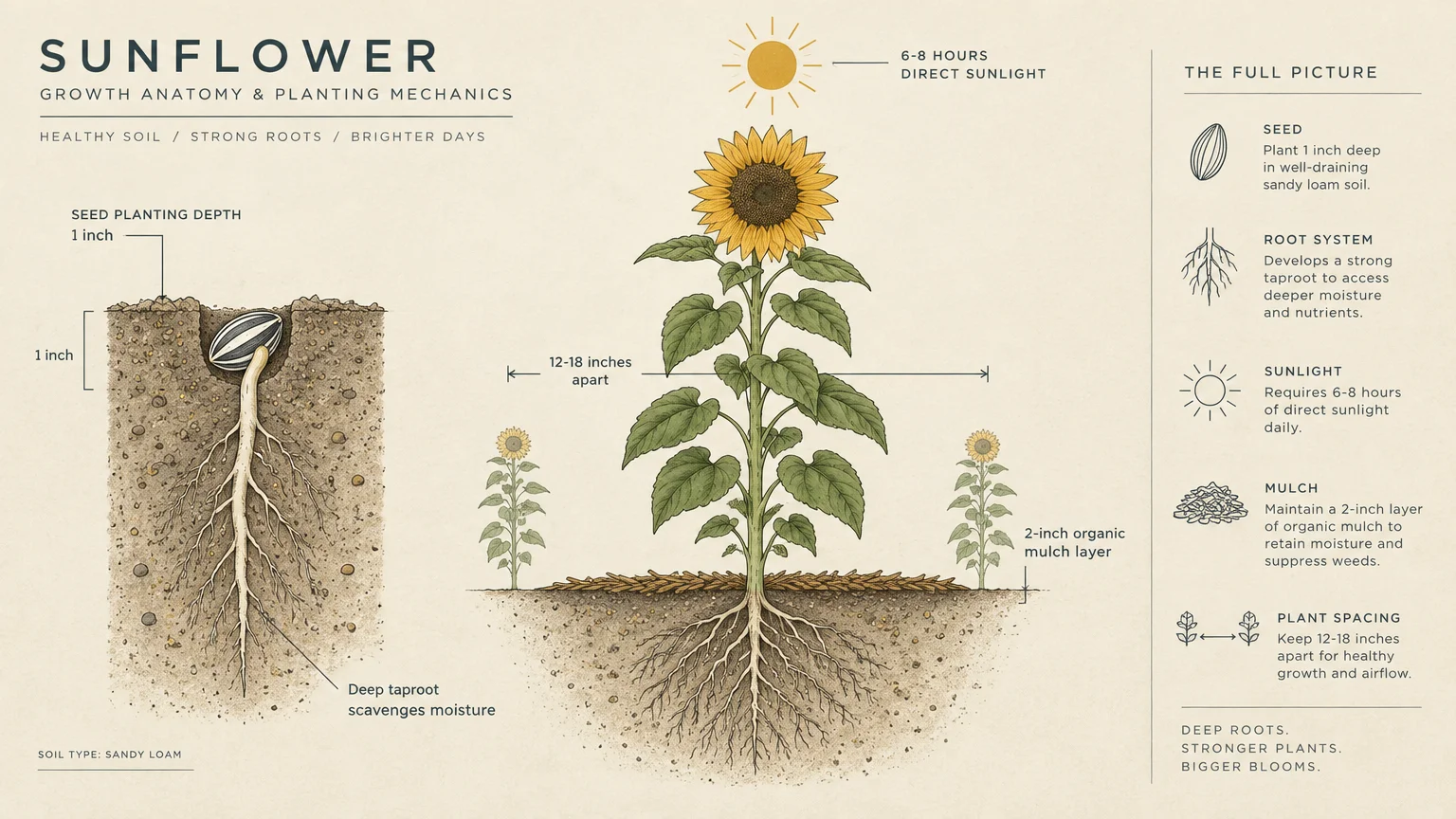 Illustration of sunflower planting depth at 1 inch, underground taproot development, and a flowering sunflower plant.