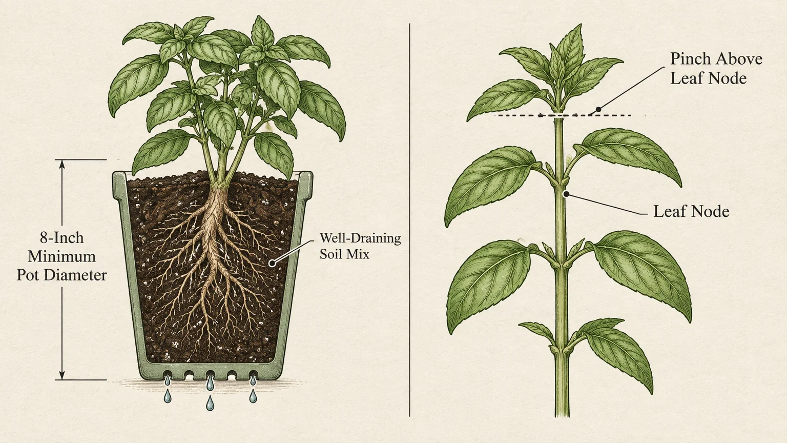 Diagram showing a basil plant in an eight-inch pot with drainage holes alongside a stem diagram indicating where to pinch.