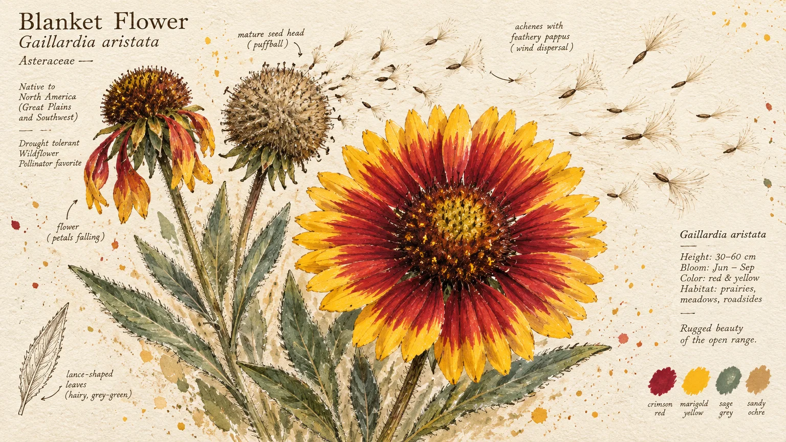 Botanical illustration of a red and yellow blanket flower bloom, mature puffball seed head, and wind-blown seeds.