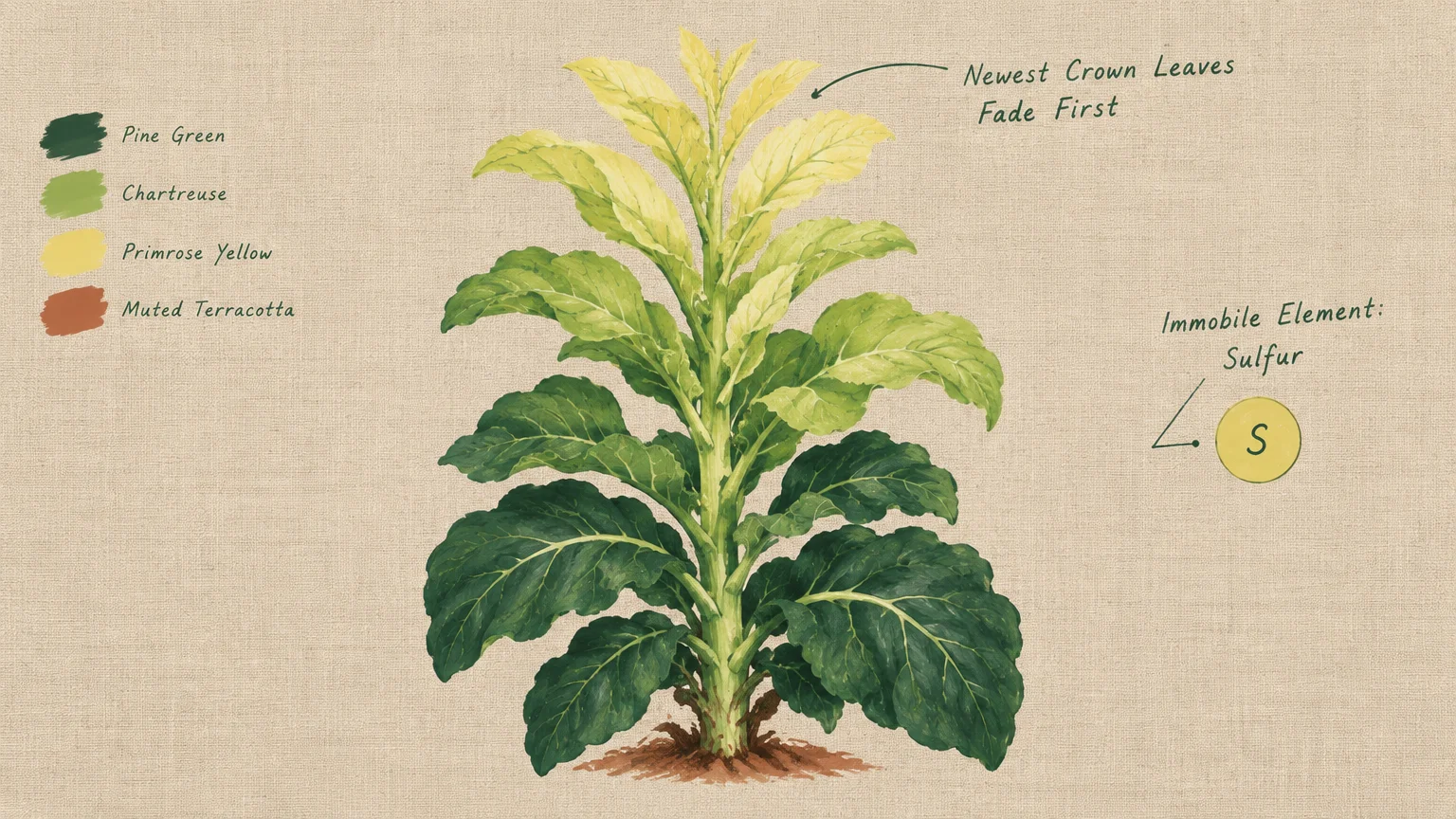 Illustration of a plant with pale yellow top leaves, green middle leaves, and dark green bottom leaves on linen canvas.