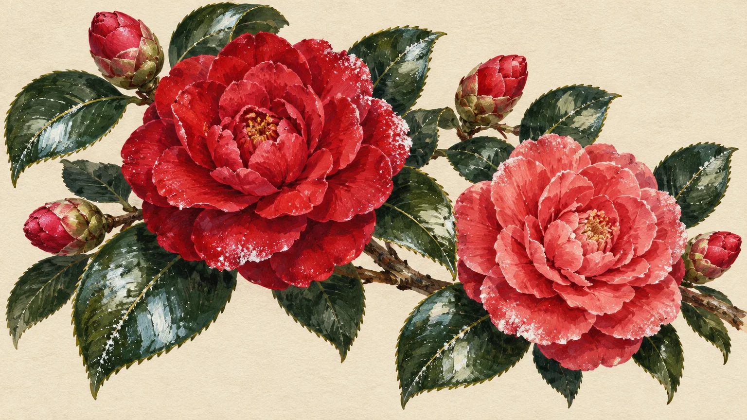 Botanical illustration of red and pink Japanese camellia flowers with glossy green leaves and buds on a beige background.
