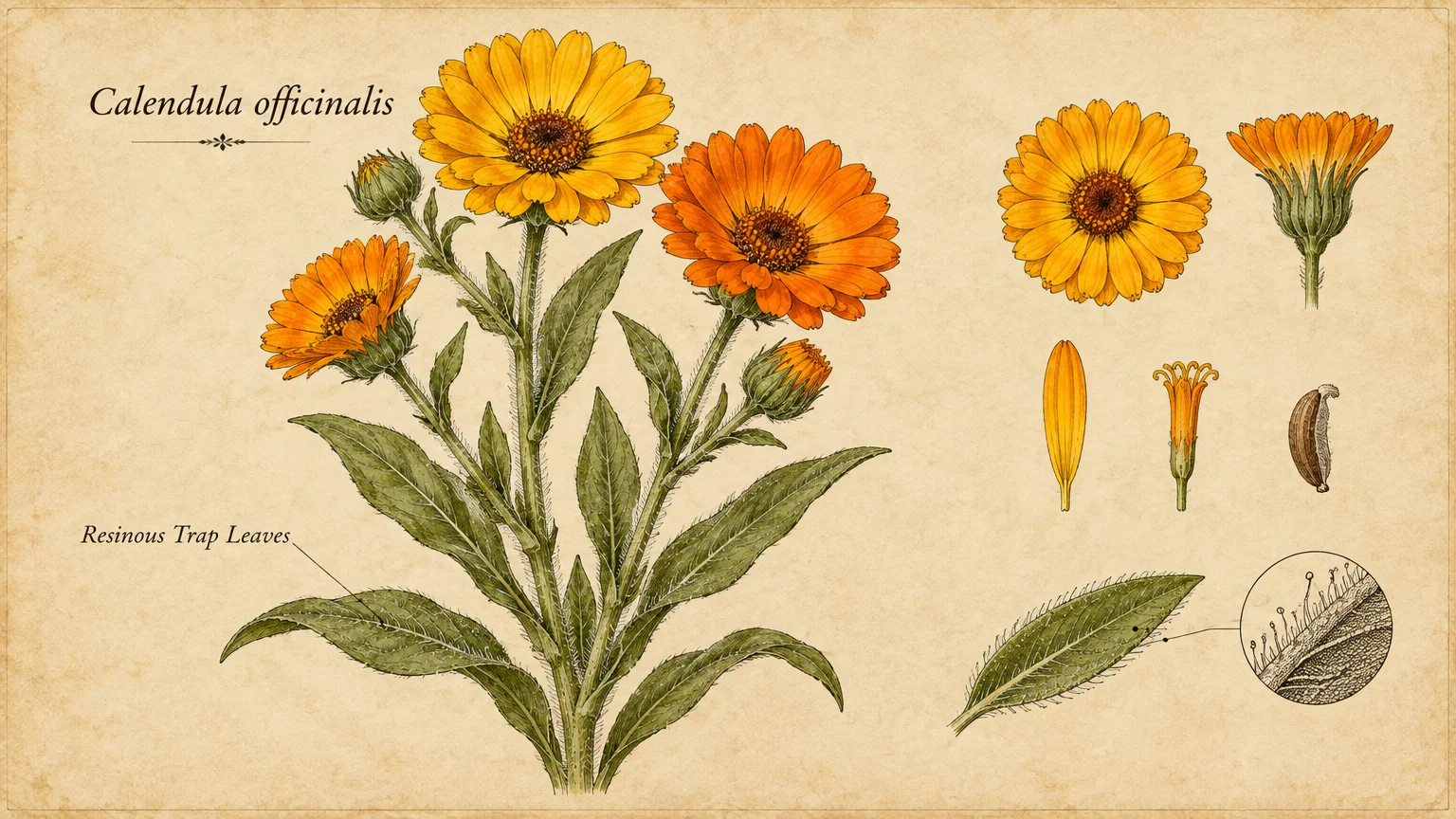 Botanical illustration of Calendula officinalis showing orange flowers, leaf anatomy, petal, and seed on aged parchment.
