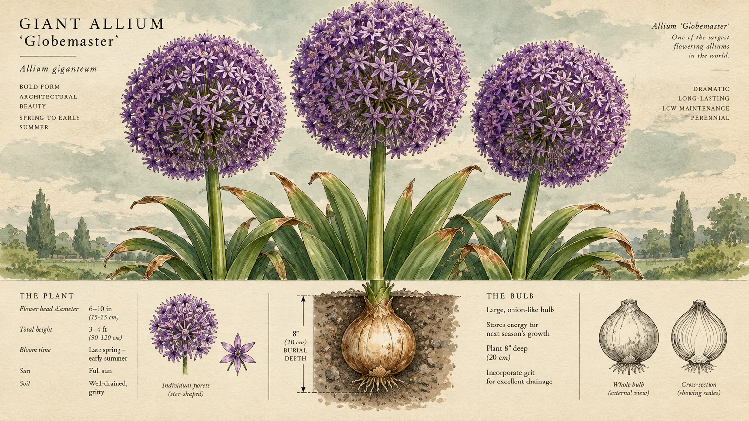 Botanical illustration of purple giant allium flowers, root bulb underground, and planting diagrams with descriptive text.