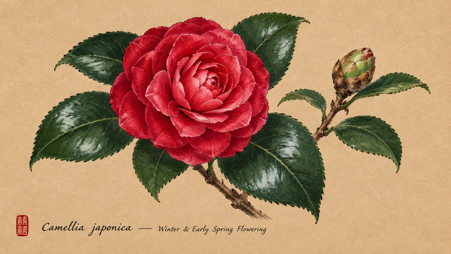 Botanical illustration of a blooming red Japanese camellia flower, glossy green leaves, and a bud on tan parchment.