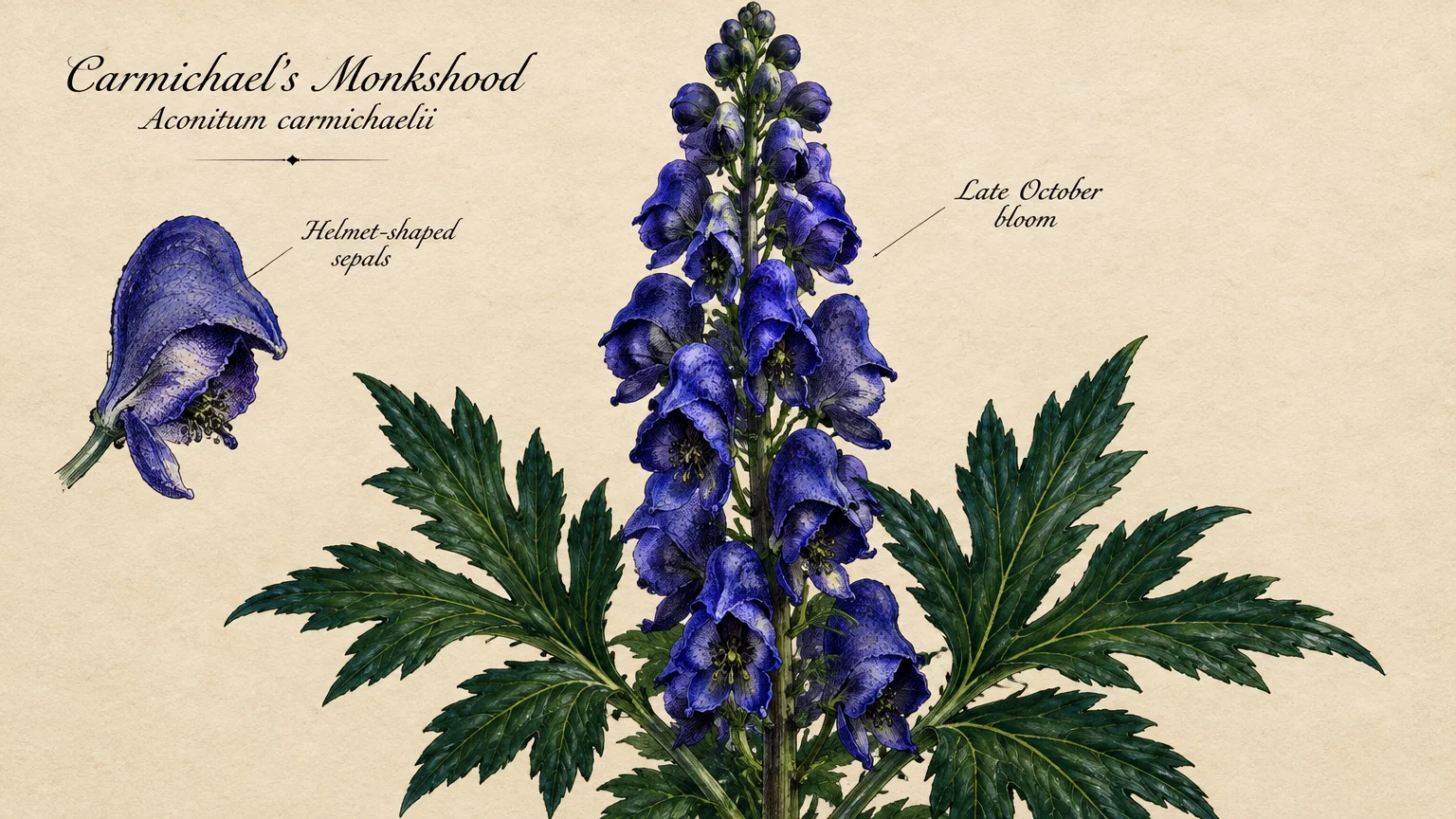 Botanical illustration of a Carmichael's monkshood stalk with deep blue flowers, green leaves, and an isolated bloom diagram.