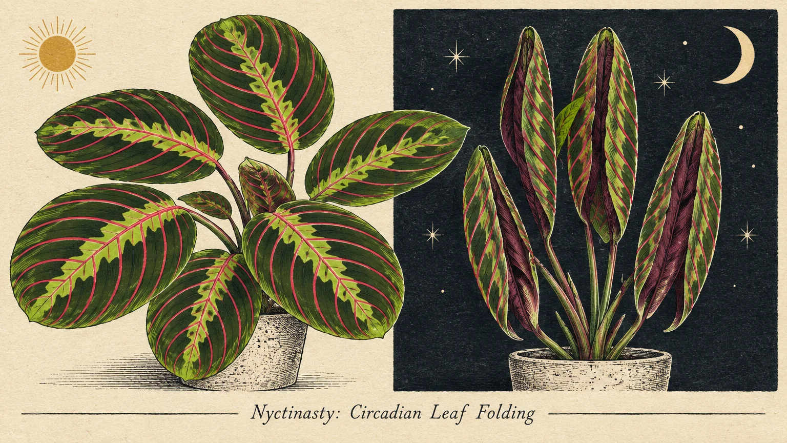 Split illustration showing a prayer plant with open leaves under the sun, and folded upright leaves under a night sky.
